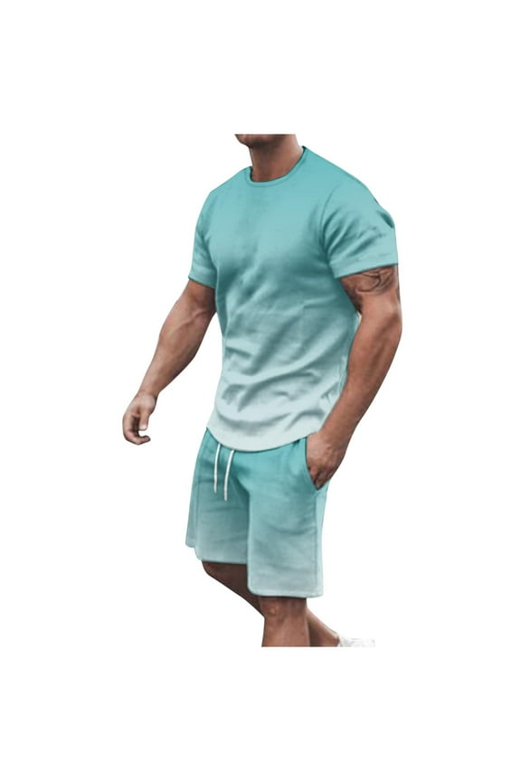 Men's Big & Tall Gradient Color Short Sets 2 Piece Outfits Short Sleeve T Shirt & Shorts Casual Summer Tracksuits with Pockets