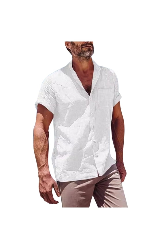 Men's Button Down Short Sleeve Shirt Banded Collar Dress Shirts Beach Shirt Summer Vacation Tee Tops with Pocket(White, M)