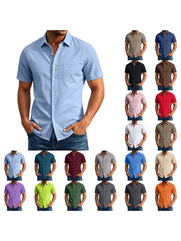 Men's Button Up Shirt Short Sleeve Casual Business Dress Top with Chest Pocket Turn Down Collar Lightweight Summer Work Blouse
