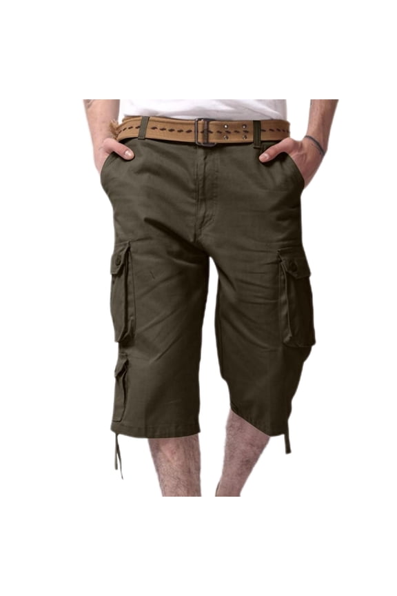 Men's Capri Cargo Long Shorts Below Knee Length Twill Cotton Casual 3/4 Capri Pants Lightweight Hiking Work Shorts with Multi-Pockets