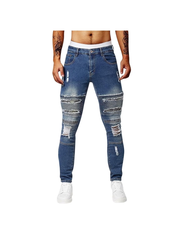 Men's Classic 5-Pocket Slim Fit Jeans Mid Rise Destroyed Ripped Skinny Stretch Jeans Denim Pants, Blue