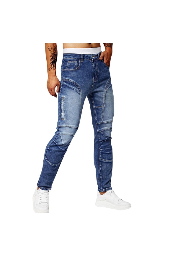 Men's Classic 5-Pocket Slim Fit Jeans Mid Rise Destroyed Ripped Skinny Stretch Jeans Denim Pants, Dark Blue