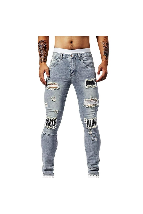 Men's Classic 5-Pocket Slim Fit Jeans Mid Rise Destroyed Ripped Skinny Stretch Jeans Denim Pants, Gray