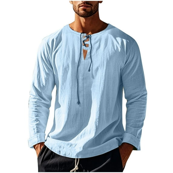 Miqool Men's Cotton Linen Long Sleeve Shirts Lace-up Hippie Crew Neck Solid Casual T-Shirt Lightweight Beach Yoga Tee Tops