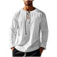 thumbnail image 1 of Miqool Men's Cotton Linen Long Sleeve Shirts Lace-up Hippie Crew Neck Solid Casual T-Shirt Lightweight Beach Yoga Tee Tops, 1 of 8