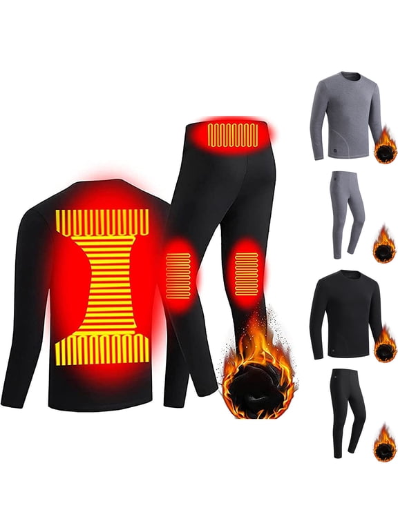 Men's Heated Thermal Underwear Base Layer USB Electric Heating Shirt Pant Lounge Sets for Winter Cold Weather (No Battery)