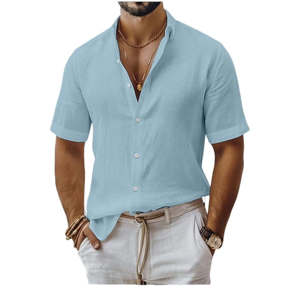 Miqool Men's Linen Shirts Casual Button Down Short Sleeve Shirts Summer Beach Shirt Vacation Wedding Shirt(Light Blue, XXL)