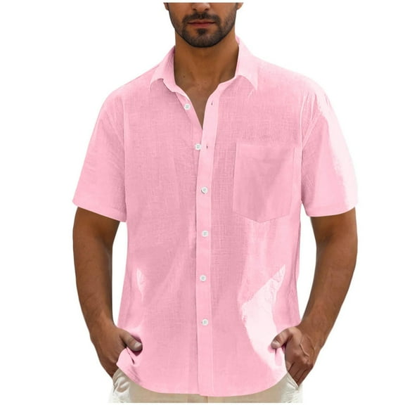 Miqool Men's Linen Shirts Casual Button Down Short Sleeve Shirts Summer Beach Shirt Vacation Wedding Shirt with Pocket(Pink, S)