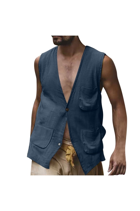 Men's Linen Sleeveless Summer Shirts Button up V-Neck Beach Tank Tops Basic Solid Hippie Shirts Vest with Pockets(Navy, 2XL)