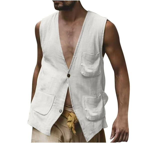 Miqool Men's Linen Sleeveless Summer Shirts Button up V-Neck Beach Tank Tops Basic Solid Hippie Shirts Vest with Pockets(White, 2XL)