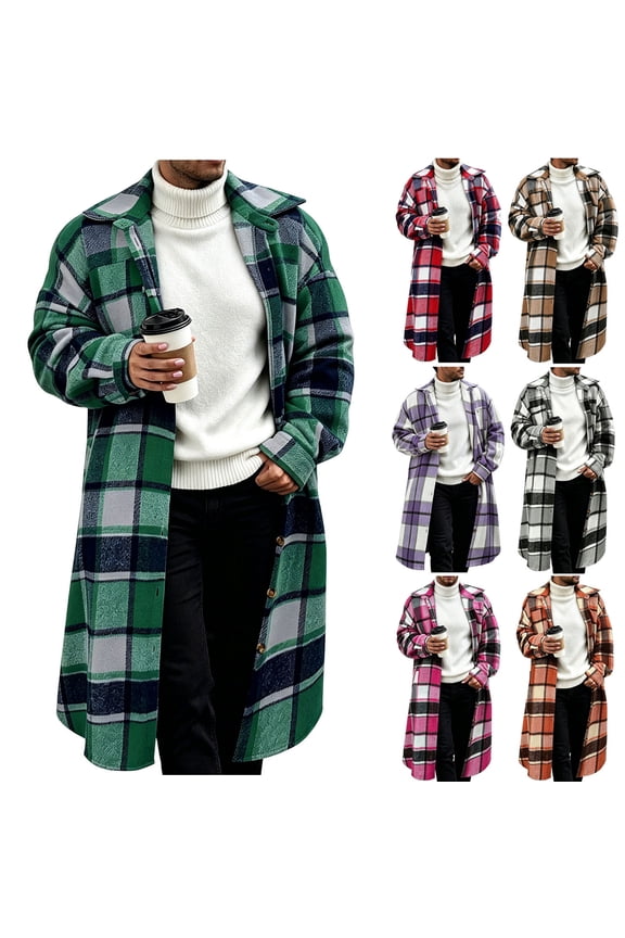 Men's Long Plaid Shacket Jacket Button Down Flannel Shirt Collared Oversized Coat Fall Winter Outerwear