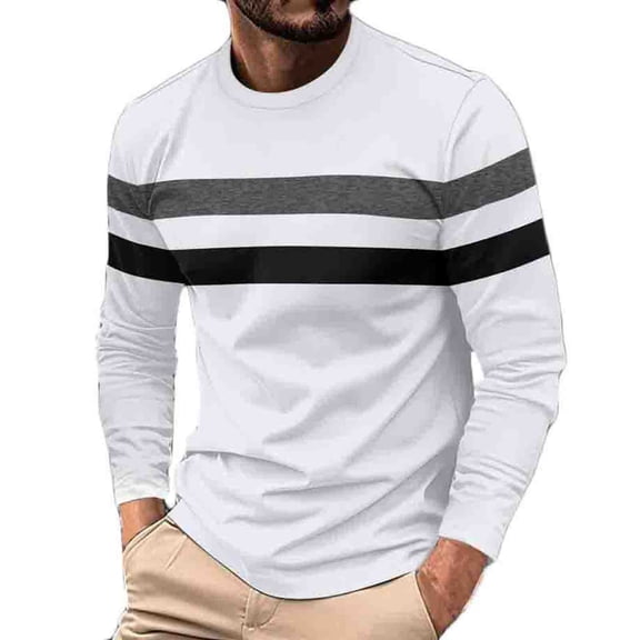 Miqool Men's Long-Sleeve Shirt Regular-Fit Crewneck T-Shirts Casual Contrast Color Patchwork Pullover Tees Tops