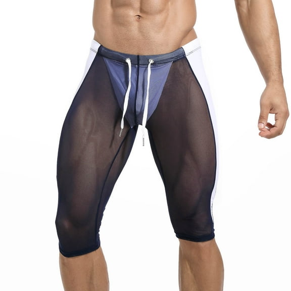 Miqool Men's Mesh Yoga Capri Pants See Through Stretchy Compression Tight Pants Fitness Sports Workout Leggings Quick Dry Swimsuit Swimwear Beachwear