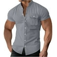 thumbnail image 1 of Miqool Men's Muscle Dress Shirts Slim Fit Stretch Short Sleeve Banded Collar Button Down Textured Shirt Summer Vacation Beach Shirt with Pocket, 1 of 6