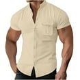 thumbnail image 1 of Miqool Men's Muscle Dress Shirts Slim Fit Stretch Short Sleeve Banded Collar Button Down Textured Shirt Summer Vacation Beach Shirt with Pocket, 1 of 6