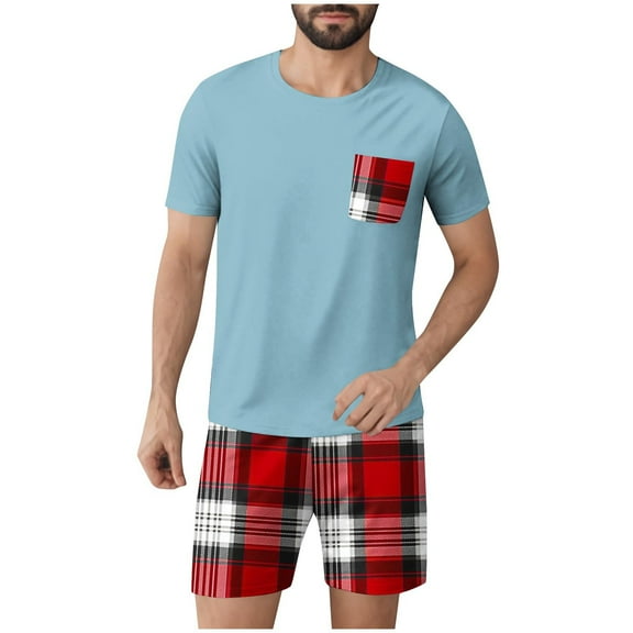 Miqool Men's Pajamas Set Casual Short Sleeve T Shirts and Plaid Shorts Soft Sleepwear 2 Piece Pjs Loungewear with Pockets