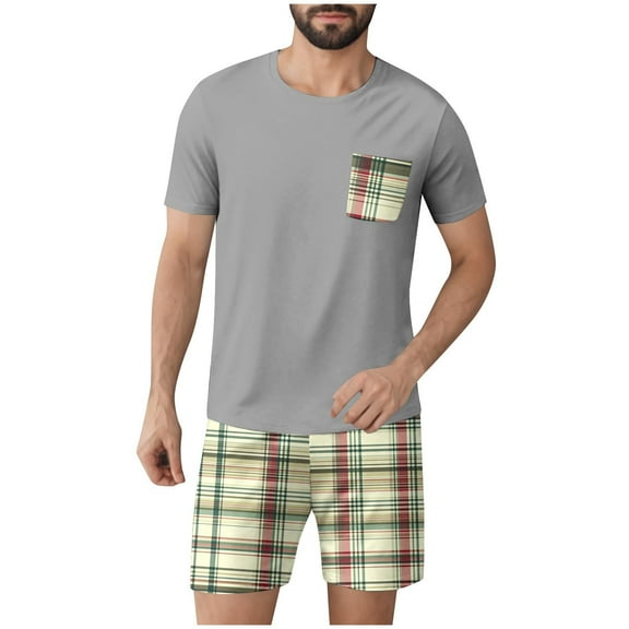 Miqool Men's Pajamas Set Casual Short Sleeve T Shirts and Plaid Shorts Soft Sleepwear 2 Piece Pjs Loungewear with Pockets