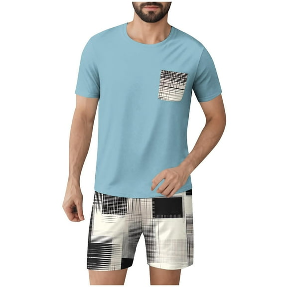 Miqool Men's Pajamas Set Casual Short Sleeve T Shirts and Plaid Shorts Soft Sleepwear 2 Piece Pjs Loungewear with Pockets