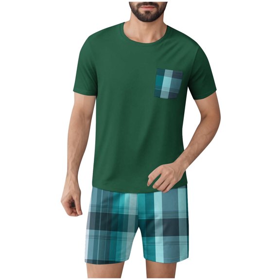 Miqool Men's Pajamas Set Casual Short Sleeve T Shirts and Plaid Shorts Soft Sleepwear 2 Piece Pjs Loungewear with Pockets