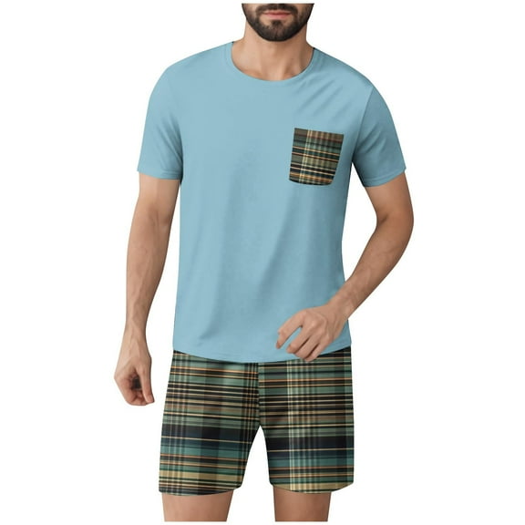 Miqool Men's Pajamas Set Casual Short Sleeve T Shirts and Plaid Shorts Soft Sleepwear 2 Piece Pjs Loungewear with Pockets