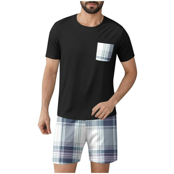 Miqool Men's Pajamas Set Casual Short Sleeve T Shirts and Plaid Shorts Soft Sleepwear 2 Piece Pjs Loungewear with Pockets