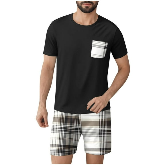 Miqool Men's Pajamas Set Casual Short Sleeve T Shirts and Plaid Shorts Soft Sleepwear 2 Piece Pjs Loungewear with Pockets