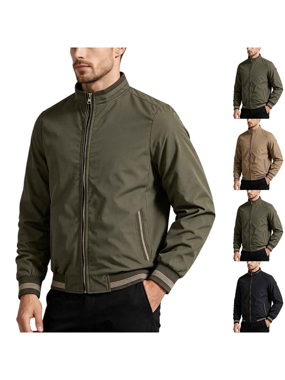 Men's Reversible Jacket Stand Collar Full Zip Lightweight Casual Bomber Jacket Double Sided Wear Fall Winter Daily Outwear with Side Pockets M-5XL