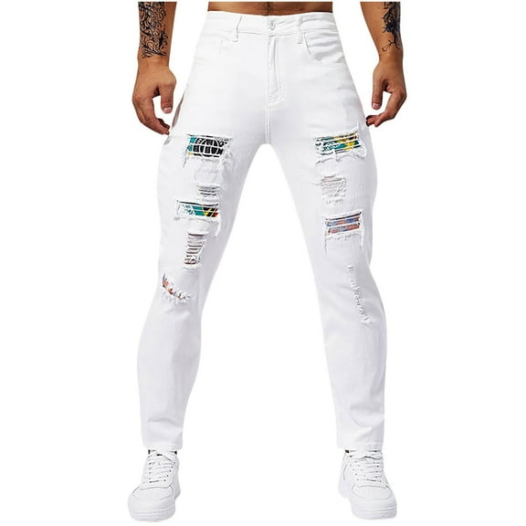 Miqool Men's Ripped Distressed Jeans Classic 5-Pocket Slim Fit Skinny Stretch Jeans Pants, White