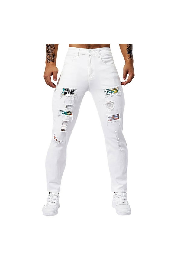 Men's Ripped Distressed Jeans Classic 5-Pocket Slim Fit Skinny Stretch Jeans Pants, White