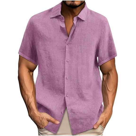 Miqool Men's Short Sleeve Dress Shirts Summer Casual Button Down Shirt Solid Linen Shirts Vacation Beach Summer Tops with Pocket