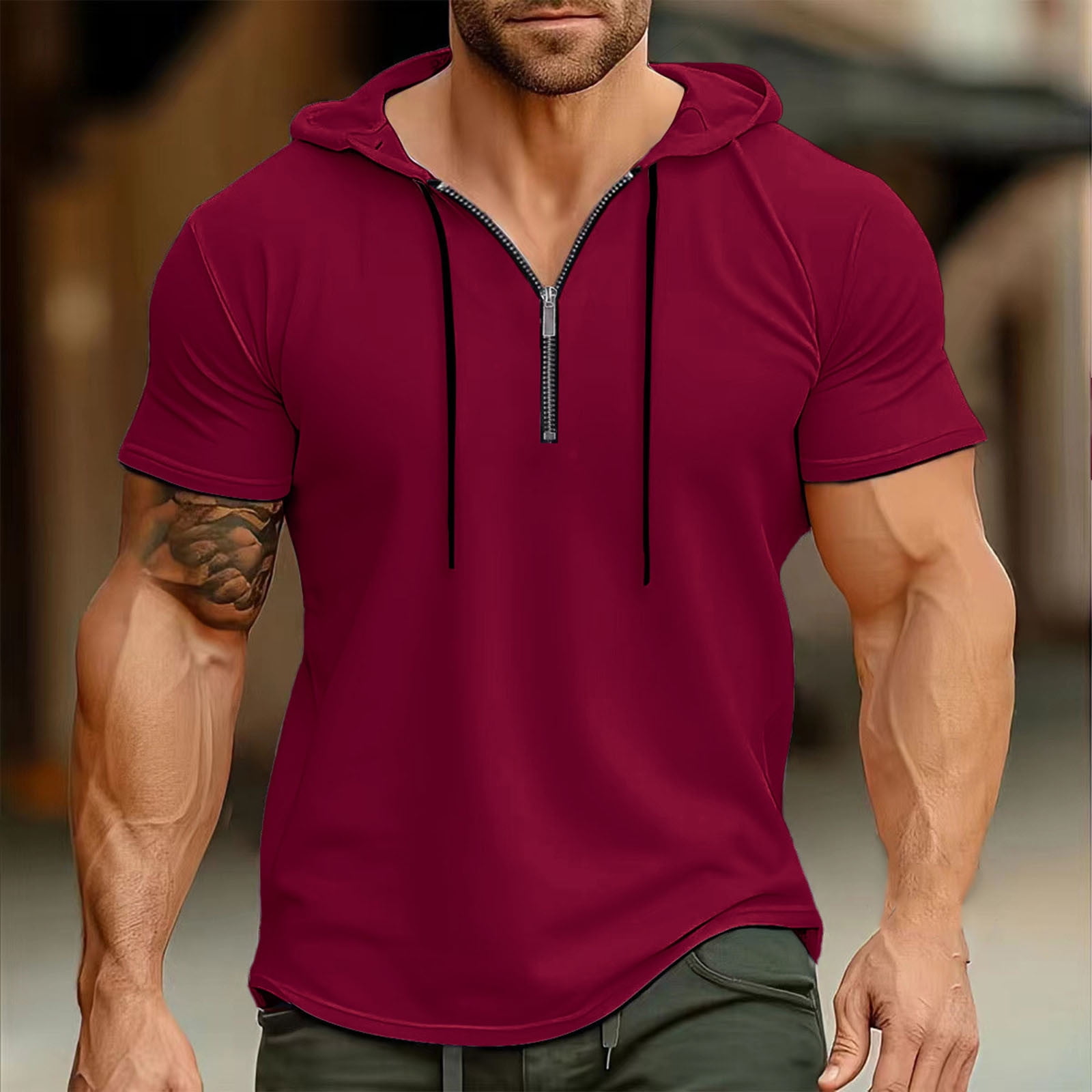 Men's Short Sleeve Hoodie Quarter Zip Workout Gym Hooded T-Shirts Muscle Fit Athletic Hoodies Pullover Sweatshirt