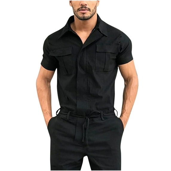 Miqool Men's Short Sleeve Zip-Front Work Coveralls Lightweight Jumpsuit Mechanic Overalls Workwear with Elastic Waist & Cargo Pockets