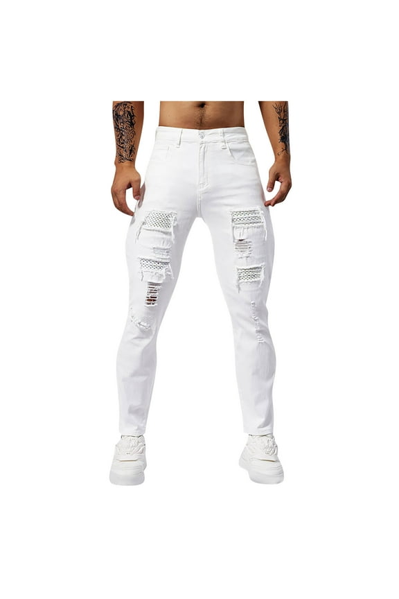 Men's Slim Fit Destroyed Ripped Jeans Classic 5-Pocket Skinny Stretch Jeans Denim Pants, White
