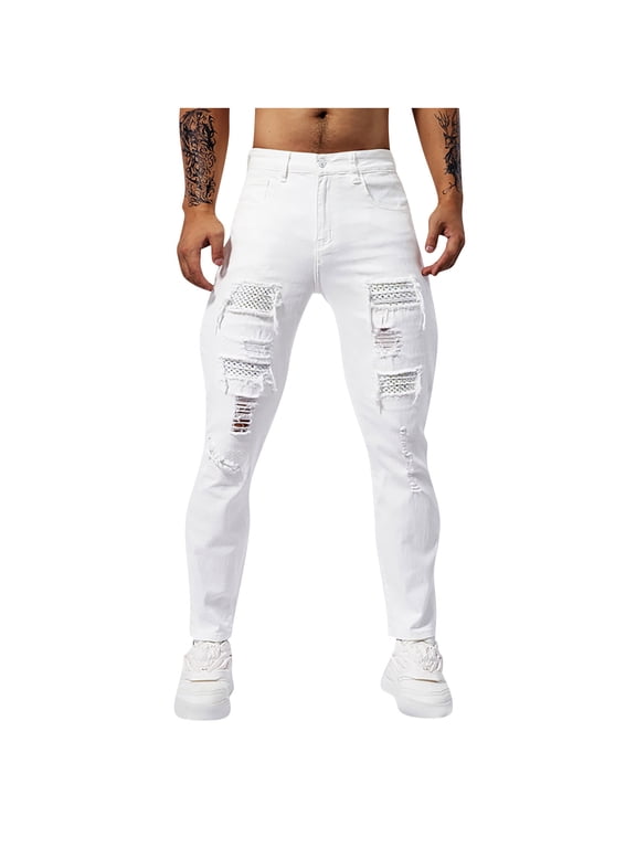 Men's Slim Fit Destroyed Ripped Jeans Classic 5-Pocket Skinny Stretch Jeans Denim Pants, White