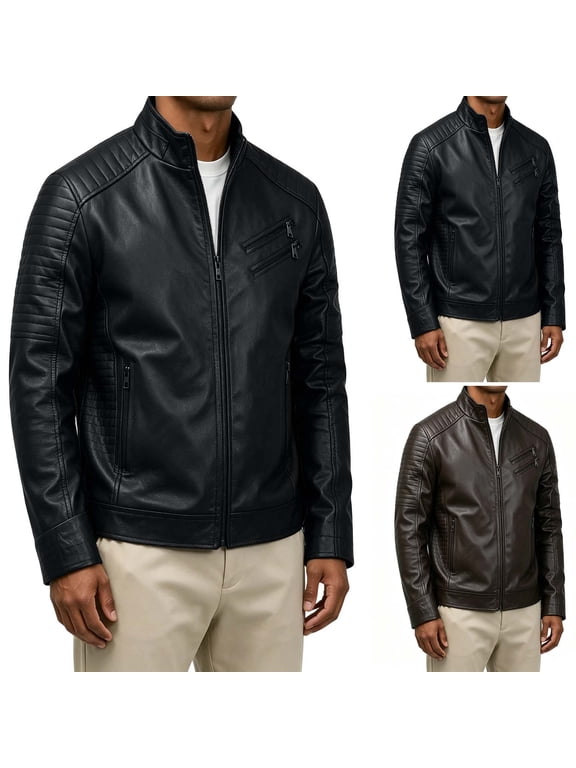 Men's Stand Collar Leather Motorcycle Jacket Zip Up Vintage Lightweight Faux Leather Biker Coat Long Sleeve Outerwear with Multi Pocket S-3XL