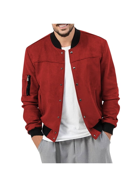 Men's Suede Varsity Jacket Vintage Baseball Bomber Jacket Lightweight Casual Button Down Fleece Warm Trucker Jacket Coat Windbreaker with Pockets