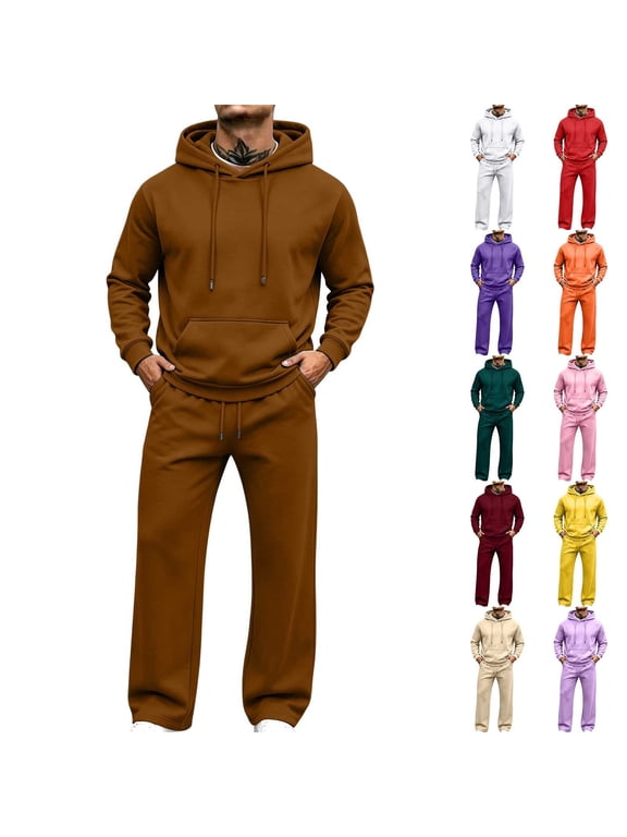 Men's Sweatsuits Set Fall Winter Fleece Cozy Long Sleeve Hoodie and Straight Leg Pants with Pockets Matching Lounge Sets
