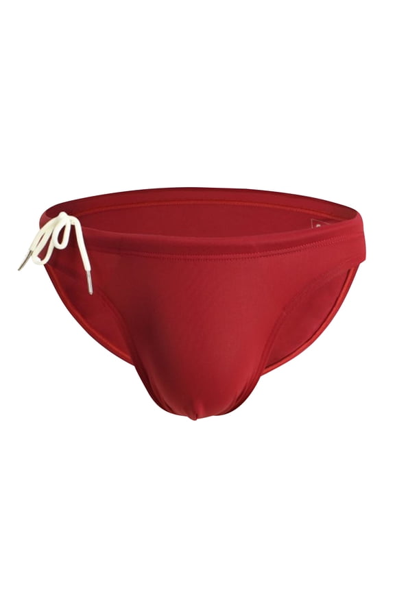 Men's Swim Briefs Drawstring Low Rise Tagless Sport Bikini Swimwear Solid Quick Dry Swimsuit (Wine, L)
