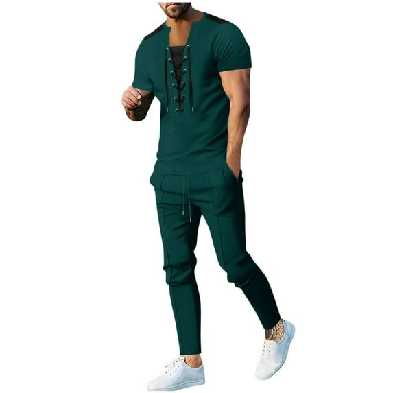 Miqool Men's Tracksuits 2 Piece Sets Causal Short Sleeve Lace-up Shirt and Long Jogger Pants Athletic Jogging Outfits Sweatsuit Sets