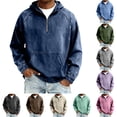 thumbnail image 1 of Miqool Men's Washed Denim Hoodie Long Sleeve Half Zip Distressed Pullover Casual Sweatshirt Top, 1 of 7