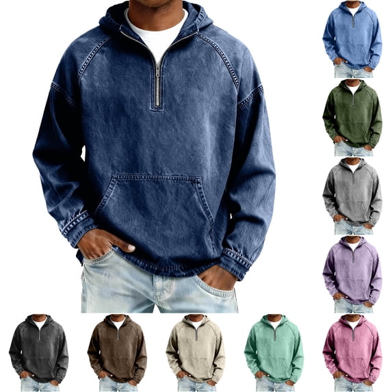 Miqool Men's Washed Denim Hoodie Long Sleeve Half Zip Distressed Pullover Casual Sweatshirt Top