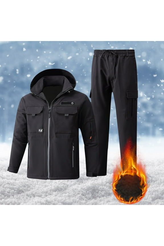 Men's Waterproof Rain Suits Fleece Lined Winter Warm Rain Jacket and Pants Outdoor Hooded Rain Coats Lightweight Rain Gear with Multi Pockets for Fishing Hiking Motorcycle