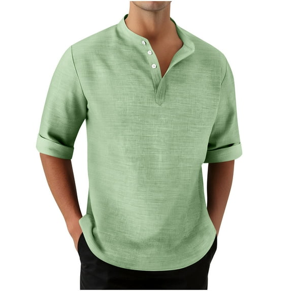 Miqool Mens 3/4 Sleeve Button up Shirt Collarless Golf Shirts Casual Gym Workout Athletic T Shirts Solid Basic Summer Tops