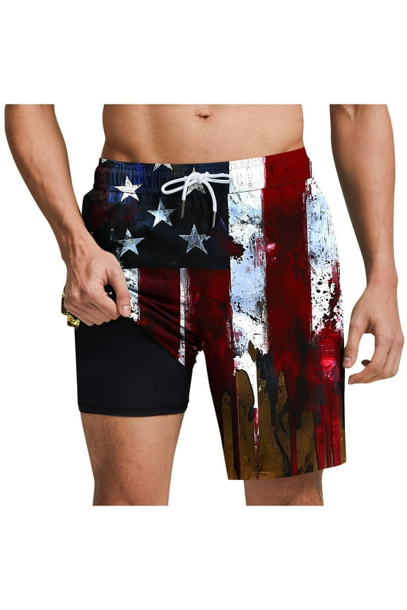 Mens American Flag Swim Trunks with Compression Liner 7" Quick Dry Board Shorts Hawaiian Beach Shorts Swimwear Bathing Suits
