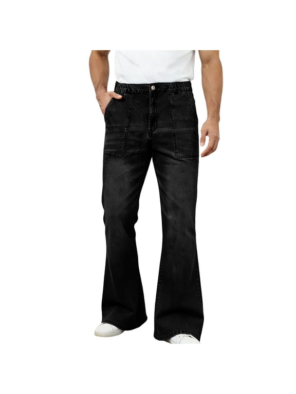 Mens Baggy Flared Jeans Stretch Elastic Waist Wide Leg Denim Pants Lightweight Breathable Vintage Pants with Pockets S‑3XL