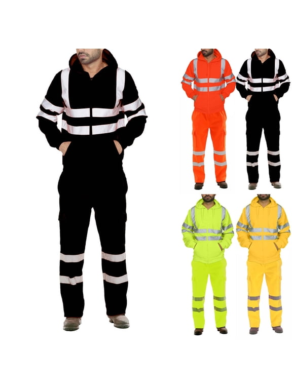 Mens Big and Tall Hi-Visibility Suit Sets, Hi-Vis Reflective Safety Hoodie Jacket and Pants Outfits for Work Hiking Fishing, ANSI Class 3