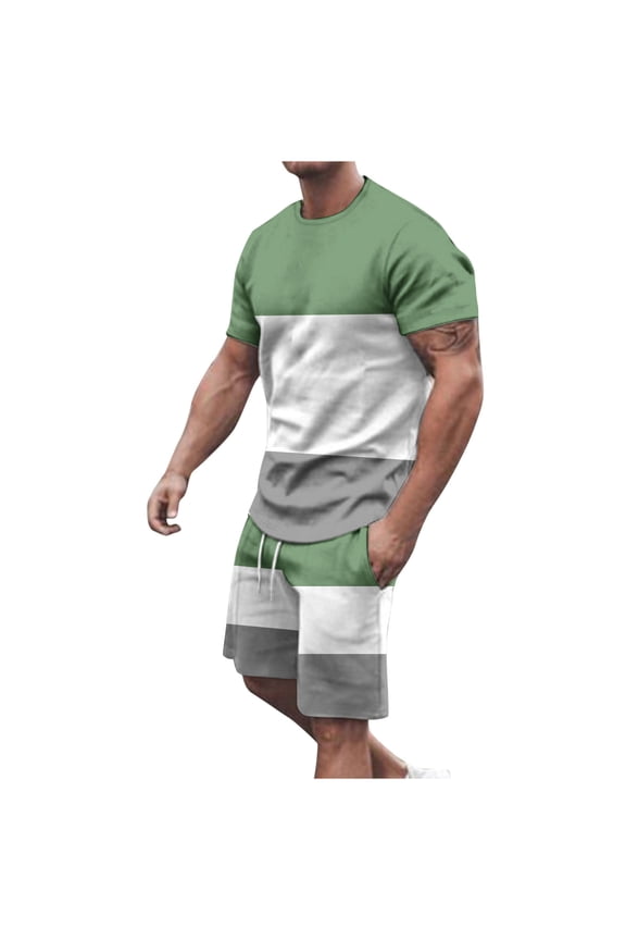 Mens Color Block Short Sets 2 Piece Outfits Summer Tracksuits Big and Tall Casual Short Sleeve T Shirts and Shorts Set with Drawstring & Pockets