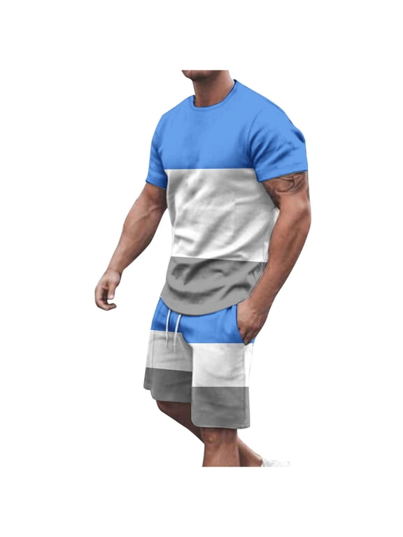 Mens Color Block Short Sets 2 Piece Outfits Summer Tracksuits Big and Tall Casual Short Sleeve T Shirts and Shorts Set with Drawstring & Pockets