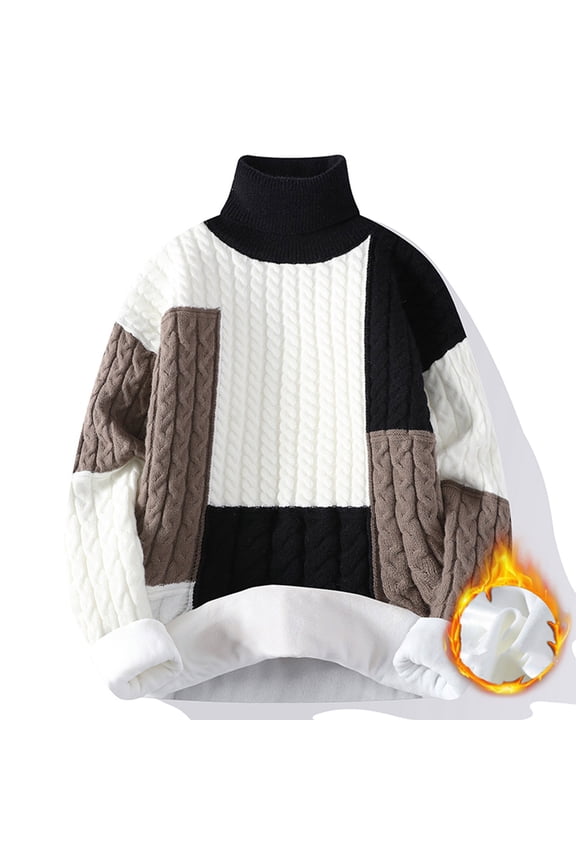 Mens Color Block Turtleneck Sweater Long Sleeve Twisted Pattern Cable Knit Thermal Pullover Sweaters Casual Loose Fit Fall Winter Warm Chunky Jumper