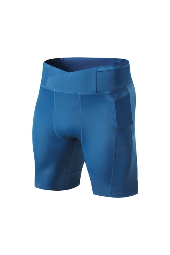 Mens Compression Shorts with Pockets, Crossover High Waisted Spandex Performance Baselayer Underwear Shorts for Athletic Sports Workout Running